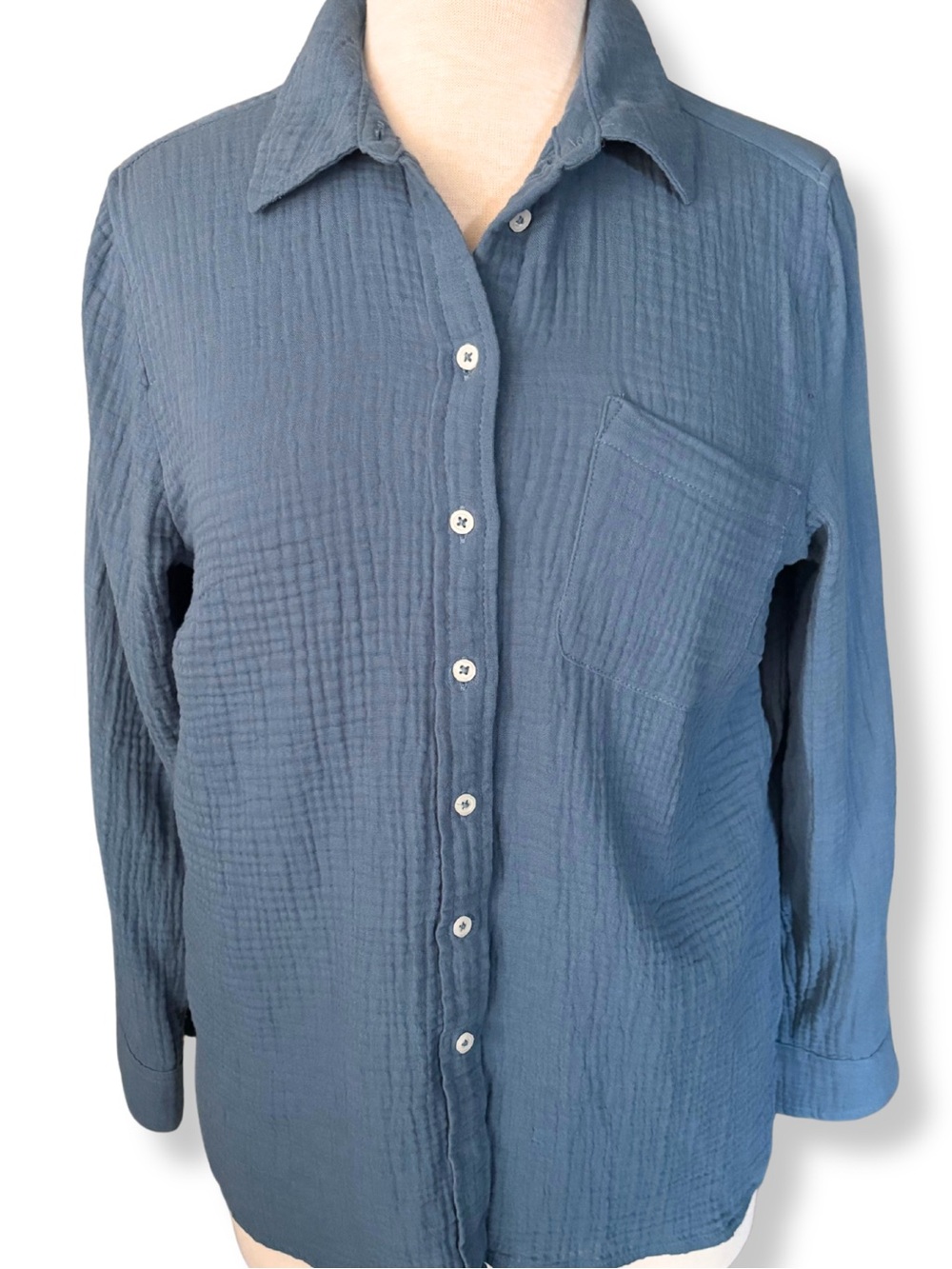Talbots Petite LP Blue Cotton Gauze Button Down Shirt Coastal Relaxed